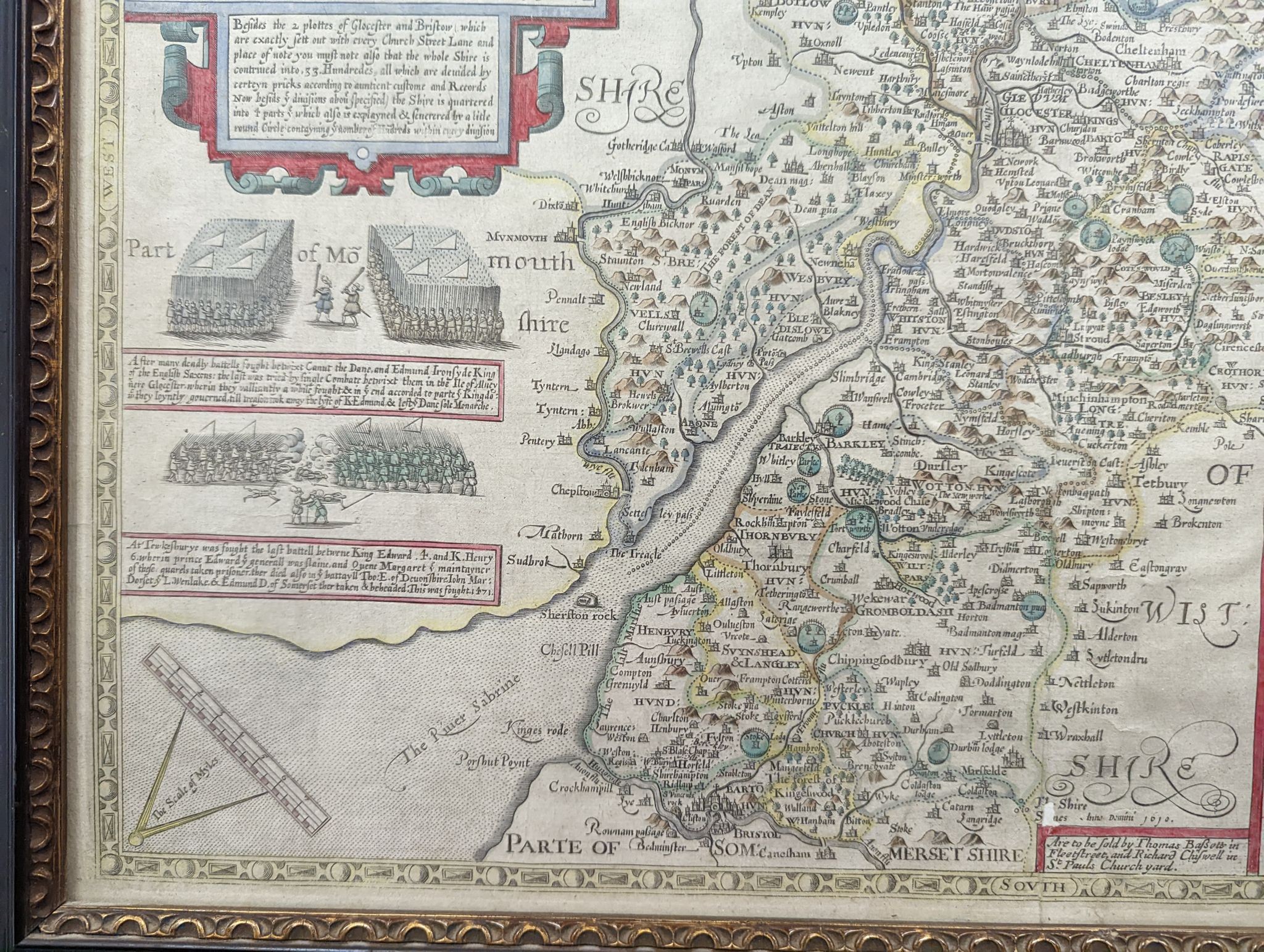 John Speed, coloured engraving, Map of Glocestershire 1627, printed in English verso, 40 x 52cm